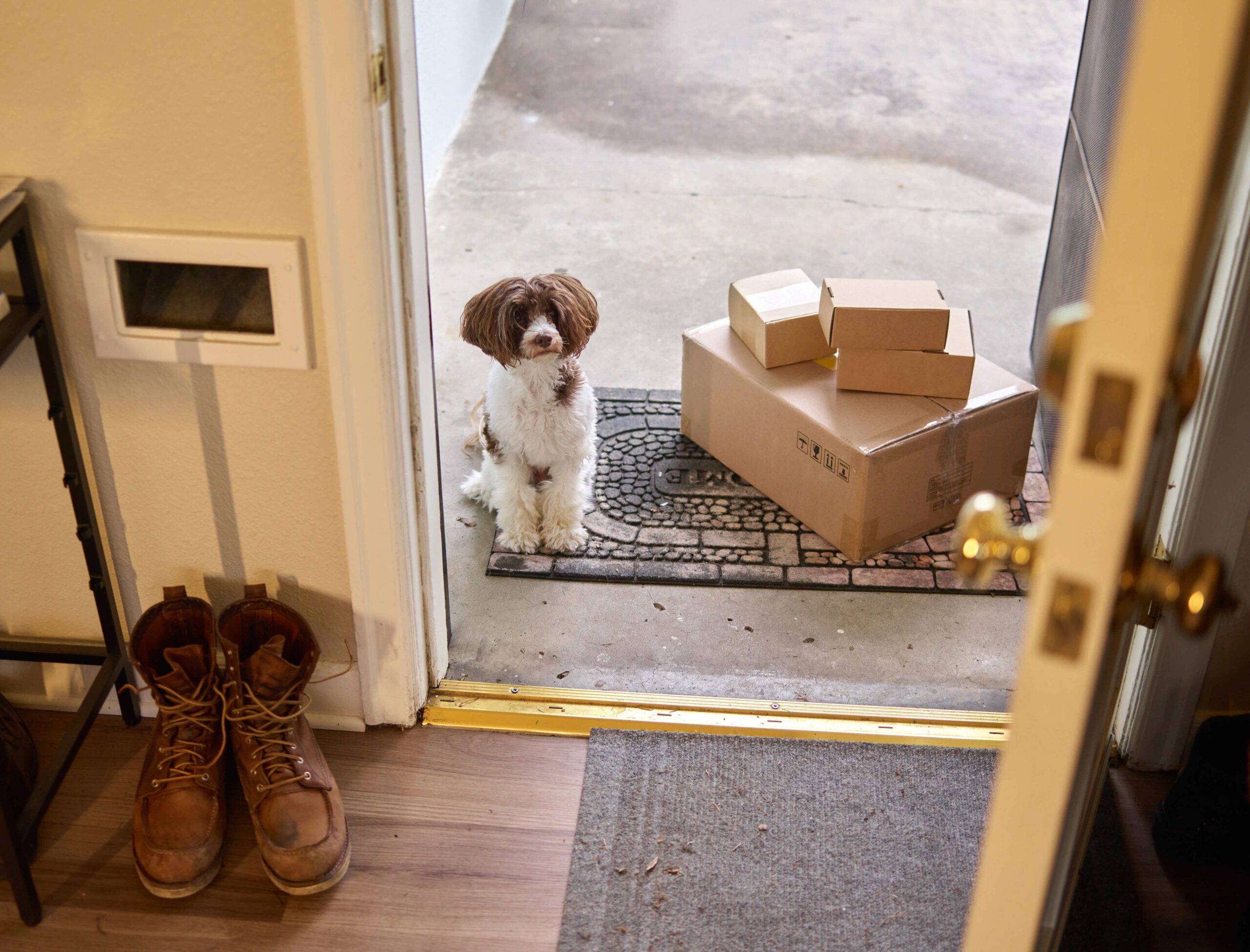Do sitting on porch with brown delivery packages with view from inside the front doorway