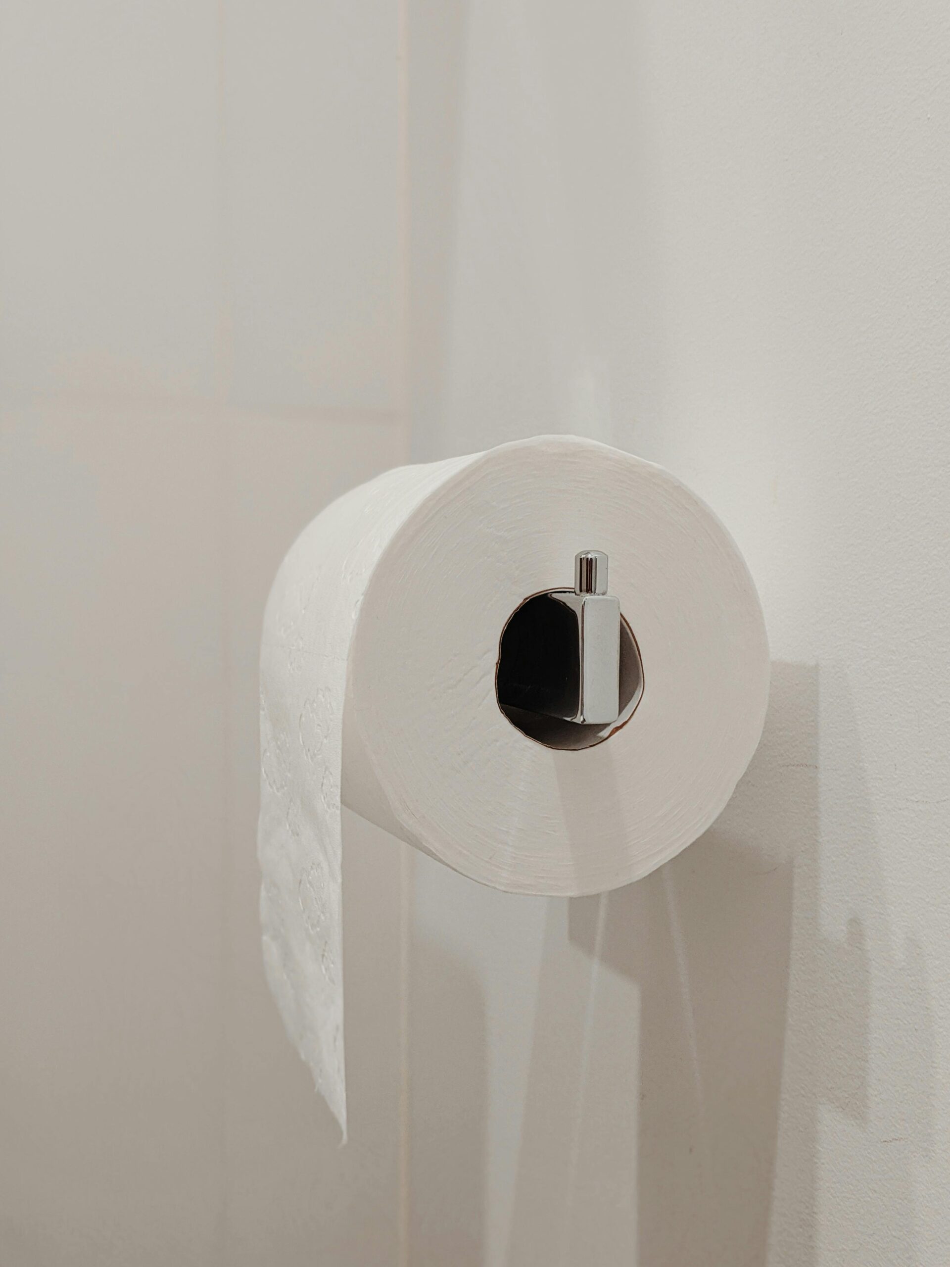 Roll of white toilet paper on a silver holder against white walls